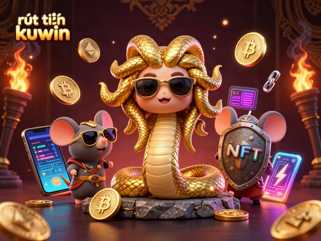 Engage in rút tiền kuwin with a vibrant 3D illustration of Medusa and characters surrounded by crypto elements.