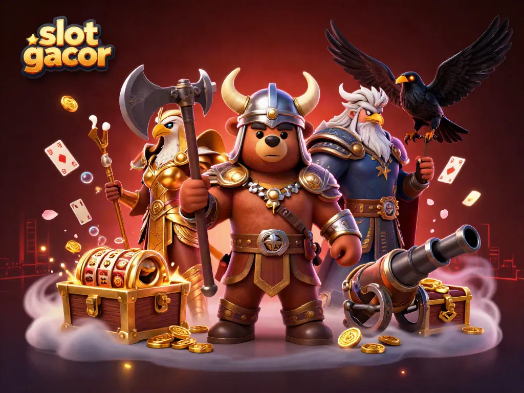 Engaging slot gacor illustration showcasing a Viking bear and Valkyrie eagle amid casino elements.
