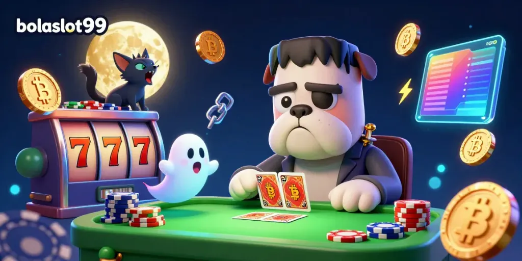 Bolaslot99 platform featuring a 3D cartoon bulldog dealer and vibrant slot game elements in a rich casino scene.
