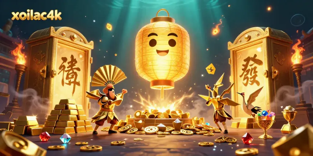 Engage in exciting gaming with xoilac4k’s vibrant 3D casino illustration featuring golden treasures.