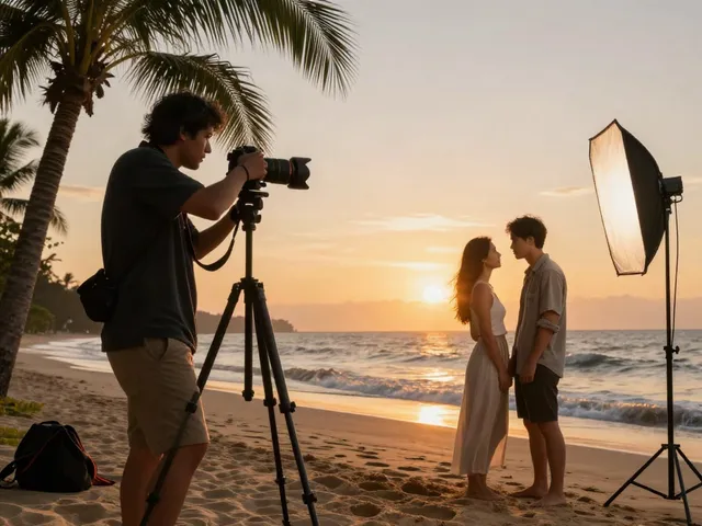 Fotografer profesional di pulau77 menangkap momen indah saat matahari terbenam di pantai dengan pemotretan kreatif.
