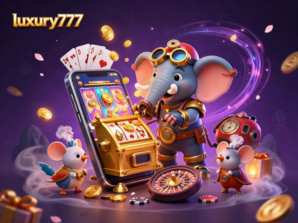Experience thrilling gameplay at luxury777 with a steampunk elephant engineer operating a dynamic slot machine.