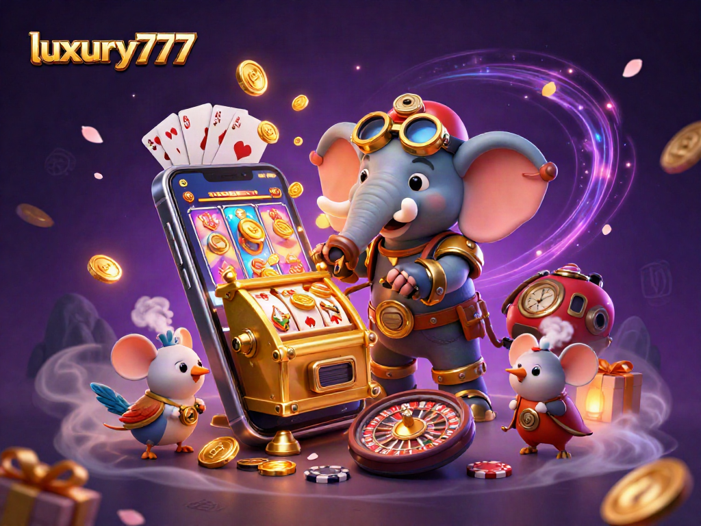 Experience thrilling gameplay at luxury777 with a steampunk elephant engineer operating a dynamic slot machine.