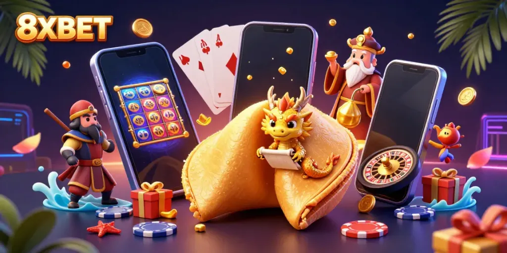 Experience thrilling gameplay with 8XBET as golden coins and cards explode in an engaging casino scene.