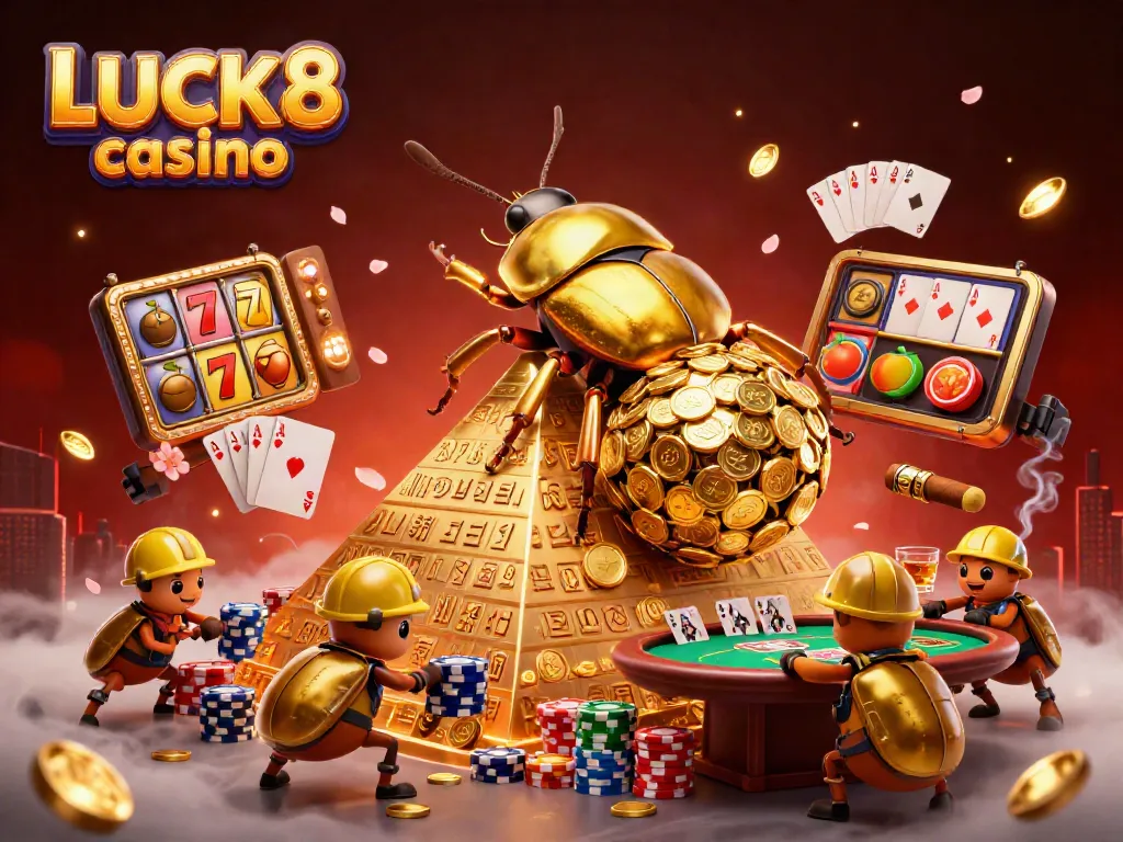 Spin and win at LUCK8 casino with an exciting scene of cartoon beetles and casino elements.