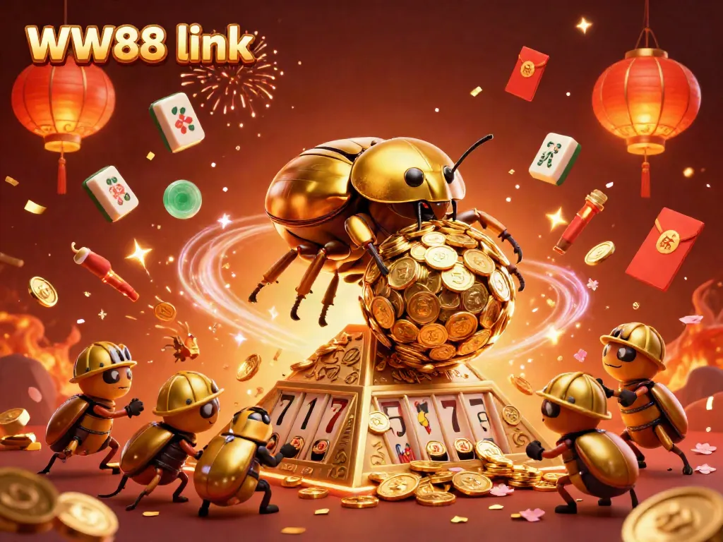 Experience the thrilling WW88 link with a rich illustration of a golden dung beetle rolling coins towards a casino pyramid.