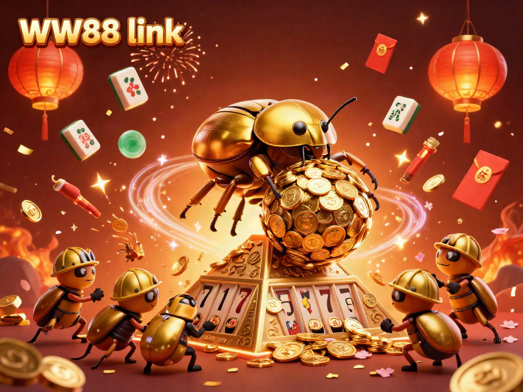 Experience the thrilling WW88 link with a rich illustration of a golden dung beetle rolling coins towards a casino pyramid.