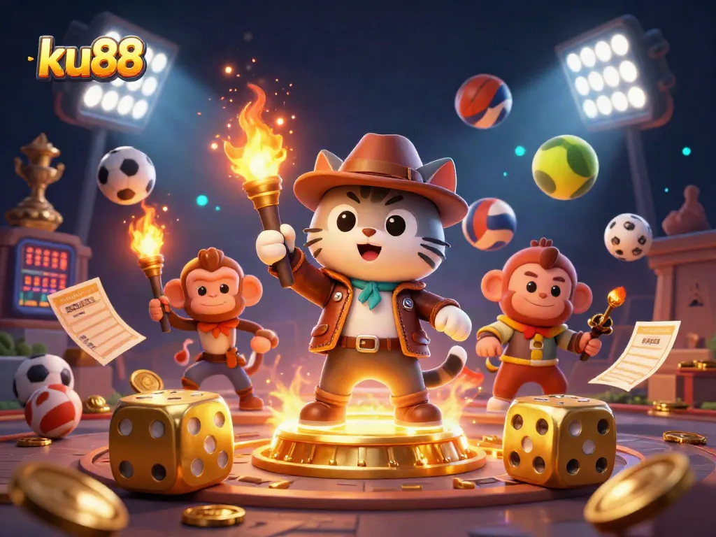 ku88 showcases an adventurous cat exploring casino artifacts amidst vibrant gaming elements and sports energy.