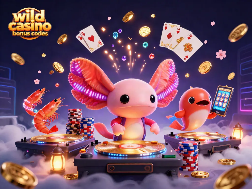 Catch exciting wild casino bonus codes with an energetic 3D party scene illustrating vibrant gameplay elements.