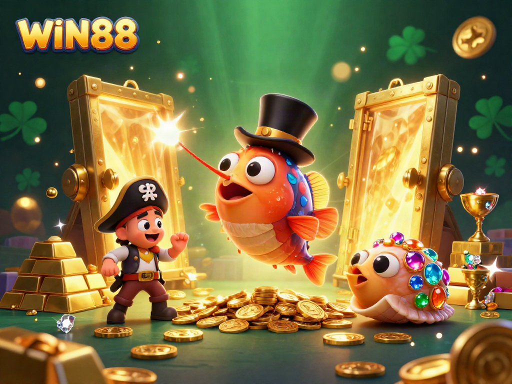 Win88 casino scene featuring a 3D anglerfish attracting gold coins alongside a pirate shrimp and treasure snail.