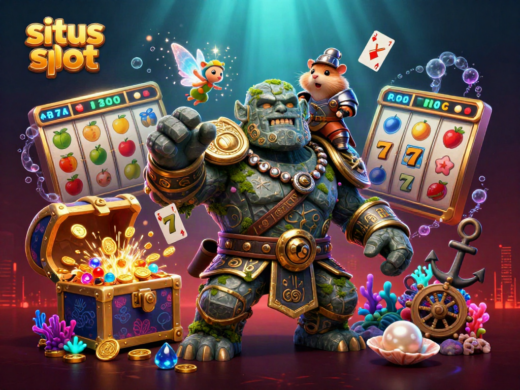 Ilustrasi 3D penuh detail golem penjaga dan ratusan koin kemenangan pada situs slot