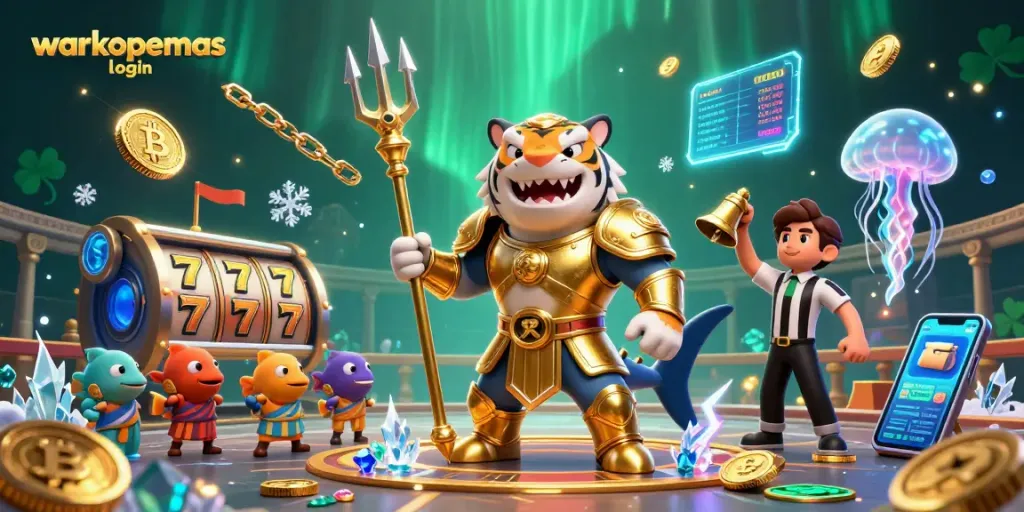 Masuk ke warkopemas login dengan simbol permainan slot, hiu kartun dan elemen kasino lainnya.