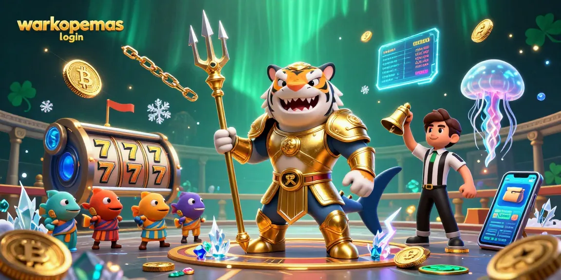 Masuk ke warkopemas login dengan simbol permainan slot, hiu kartun dan elemen kasino lainnya.