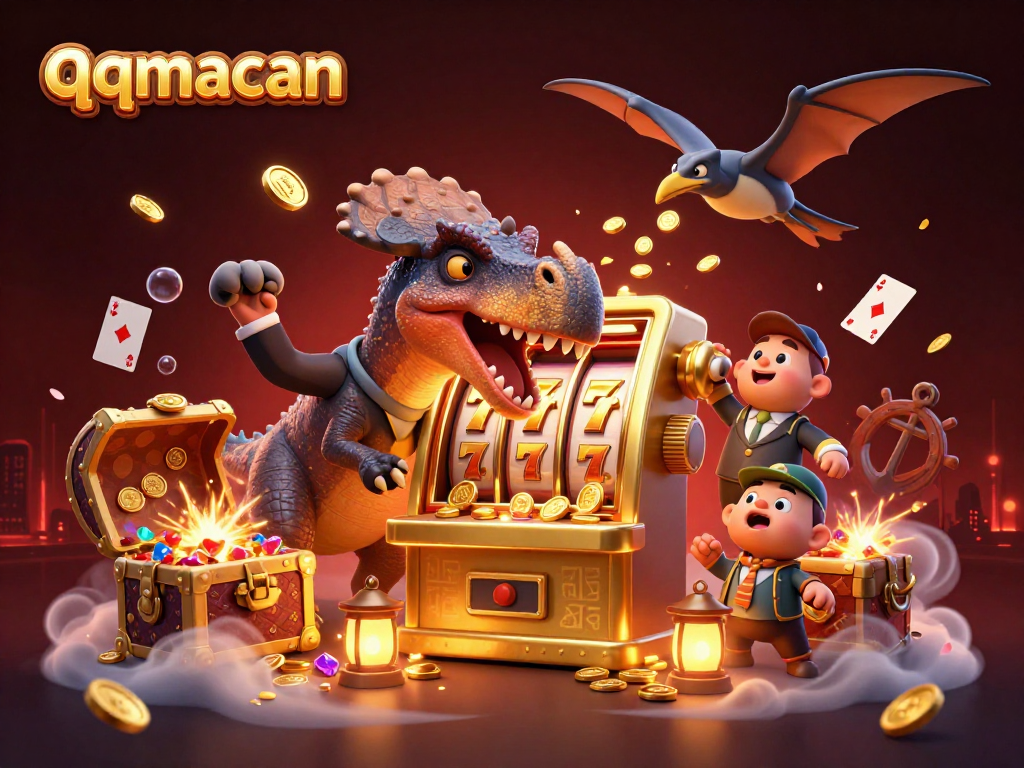 qqmacan showcases a cartoon dinosaur winning a jackpot at a casino slot machine in an immersive gaming scene