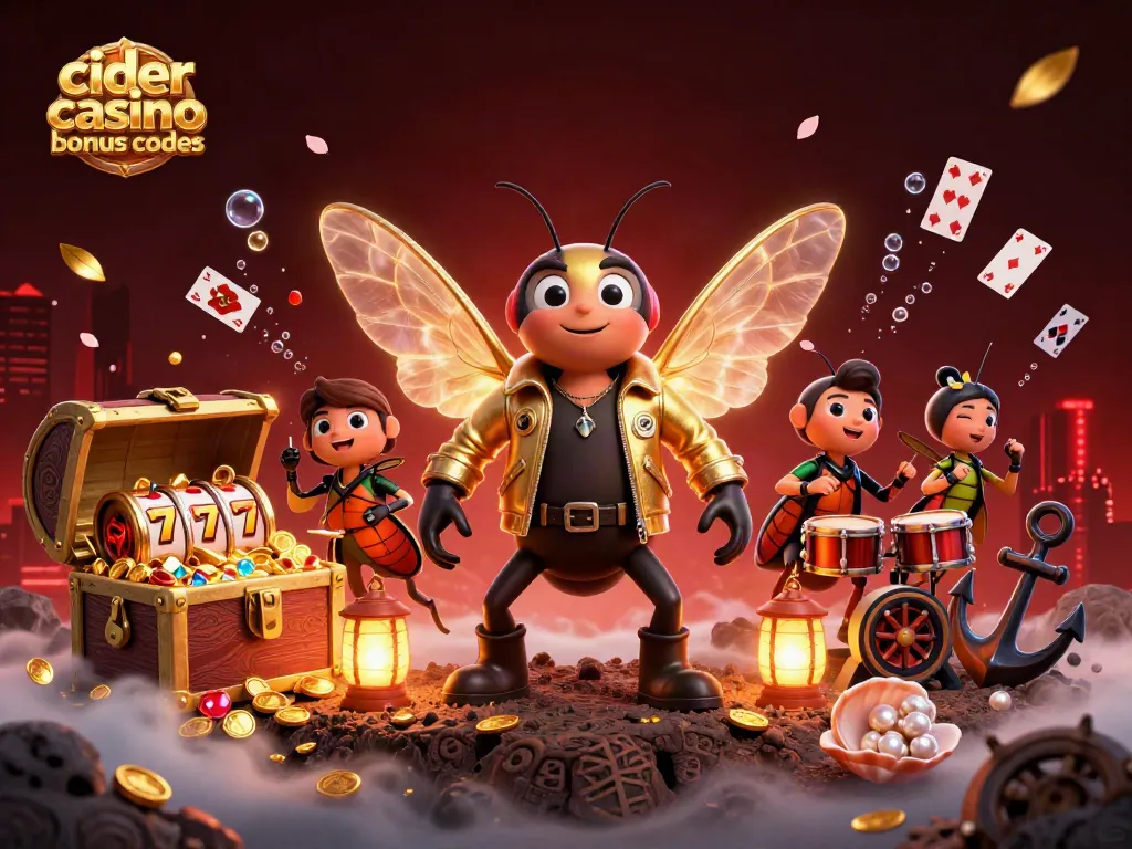 Cider casino bonus codes light up the scene showcasing rock star cicadas with vibrant casino elements.