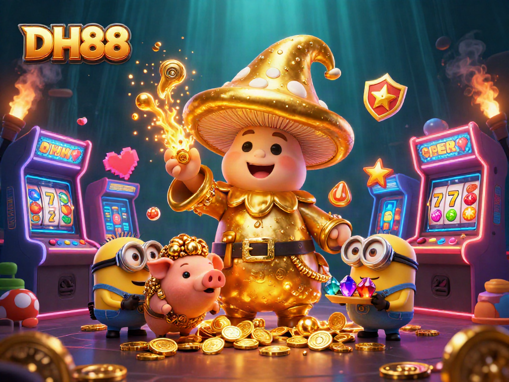 Win big at DH88 with a magical scene featuring a wizard and treasure pig amidst vibrant slot machines.