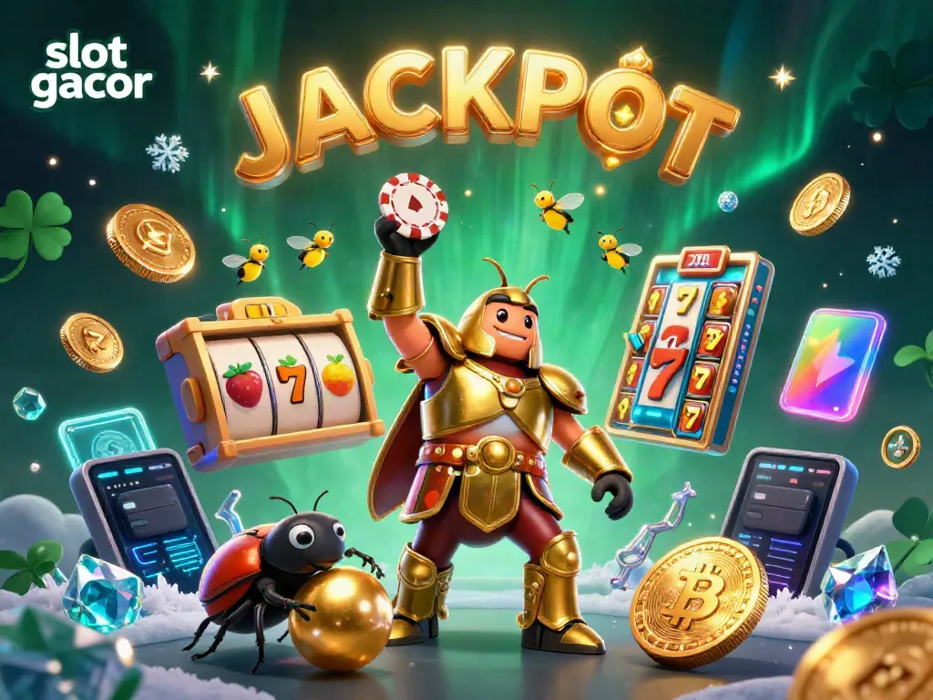 Experience the thrill of the slot gacor jackpot with a victorious hercules beetle and a dynamic casino scene.