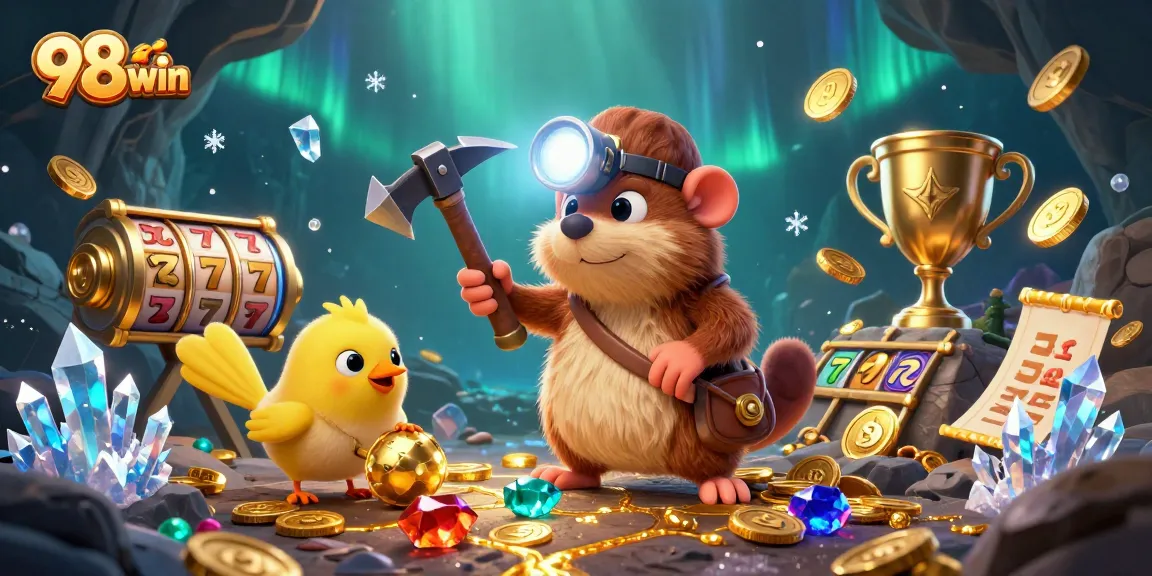 Win big with 98win's vibrant casino adventure featuring gold and sports elements.