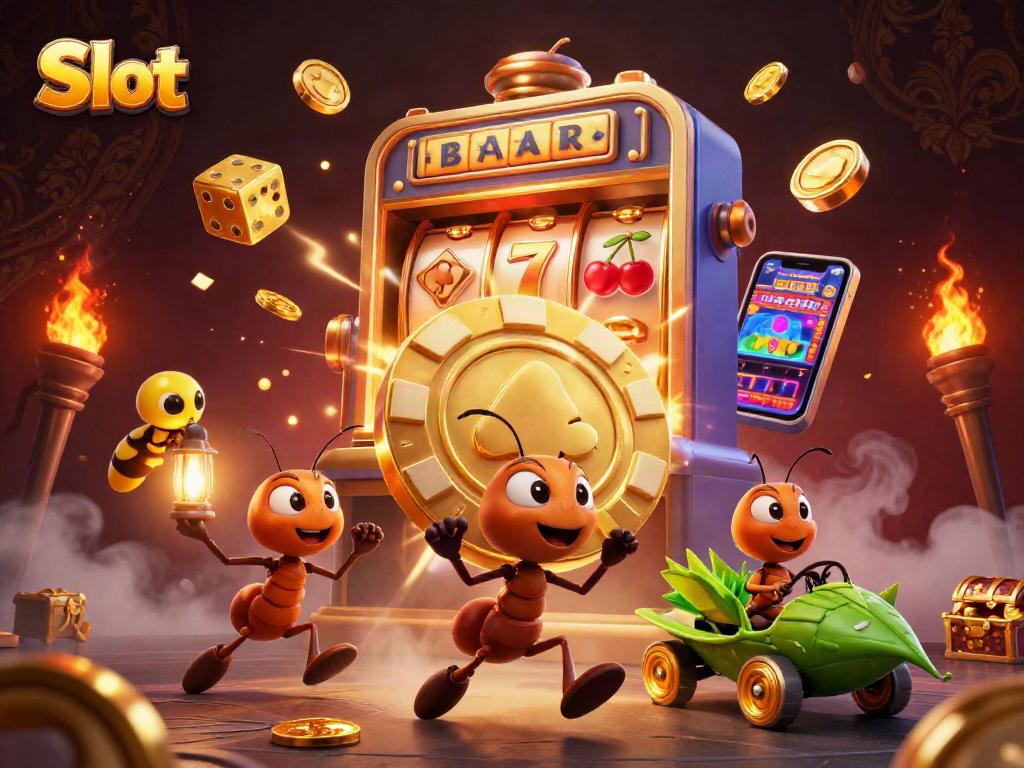 Slot action featuring a team of ants carrying a giant poker chip amidst exploding jackpots and glowing game symbols.