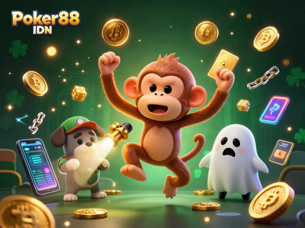 Engage with Poker88 IDN in a vibrant 3D illustration showcasing a mischievous monkey juggling casino elements.