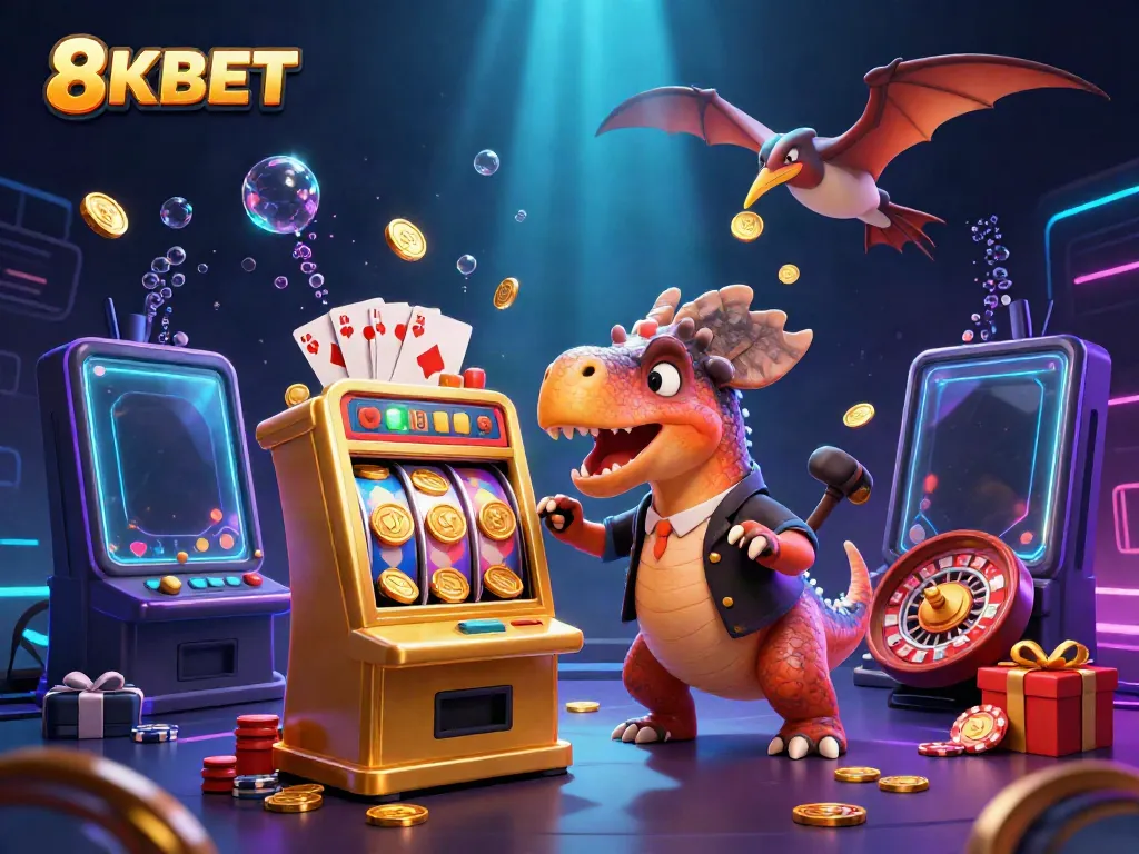 8KBET features a lively scene with a pachycephalosaurus hitting a slot machine, bringing golden coins to life in an exciting casino ambience.