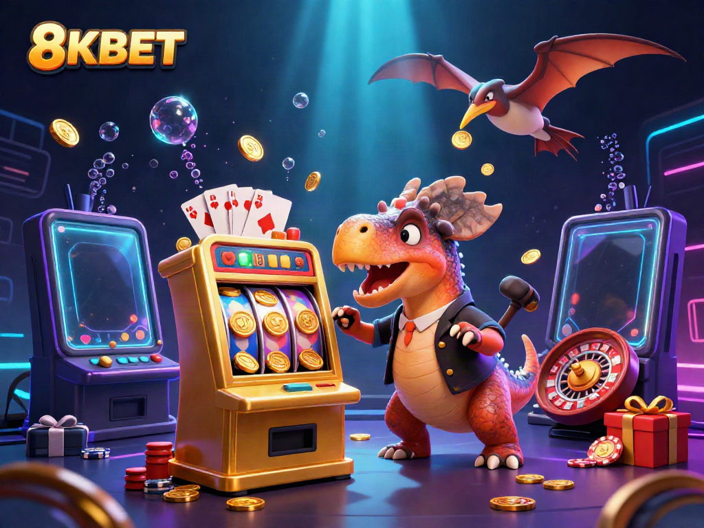 8KBET features a lively scene with a pachycephalosaurus hitting a slot machine, bringing golden coins to life in an exciting casino ambience.