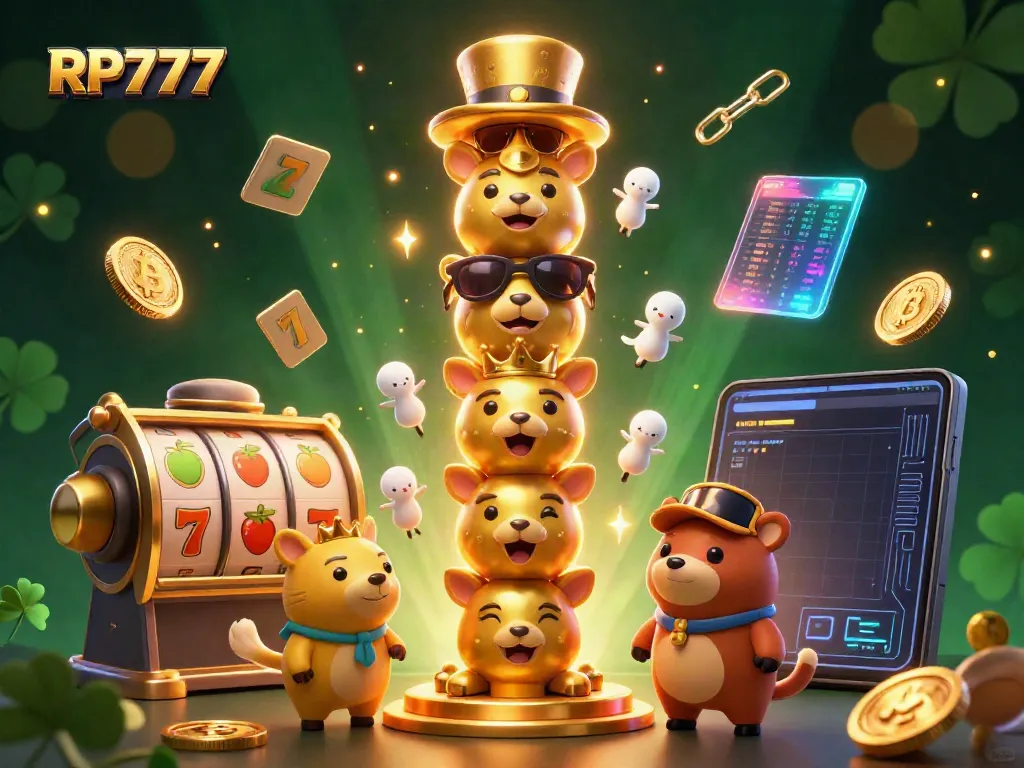 Experience the excitement of RP777 with vibrant 3D cartoon totem pole surrounded by casino elements.