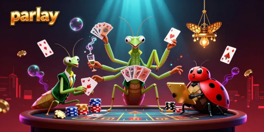 Engage with thrilling parlay betting as a 3D giant praying mantis and ladybug pit boss manage a lively casino scene filled with vibrant games and energy.