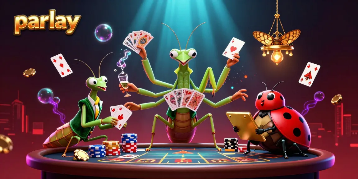 Engage with thrilling parlay betting as a 3D giant praying mantis and ladybug pit boss manage a lively casino scene filled with vibrant games and energy.