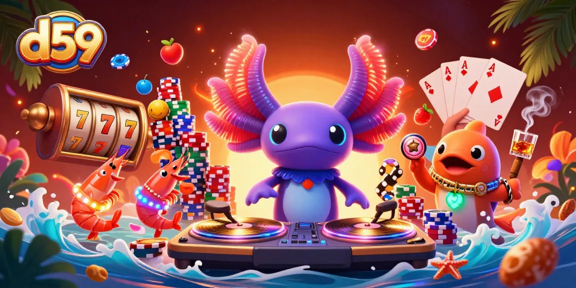d59 players enjoy spinning slot reels and vibrant symbols in a lively casino scene.