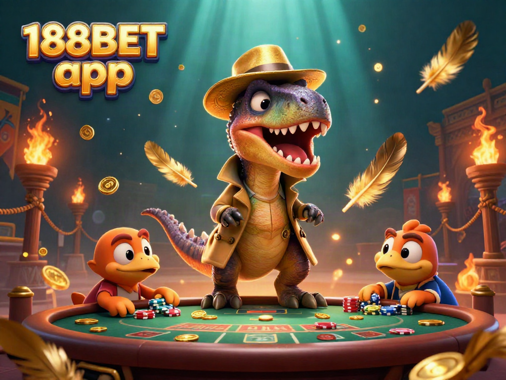 Experience the thrilling 188BET app with mobile gambling action featuring vibrant dinosaur characters.