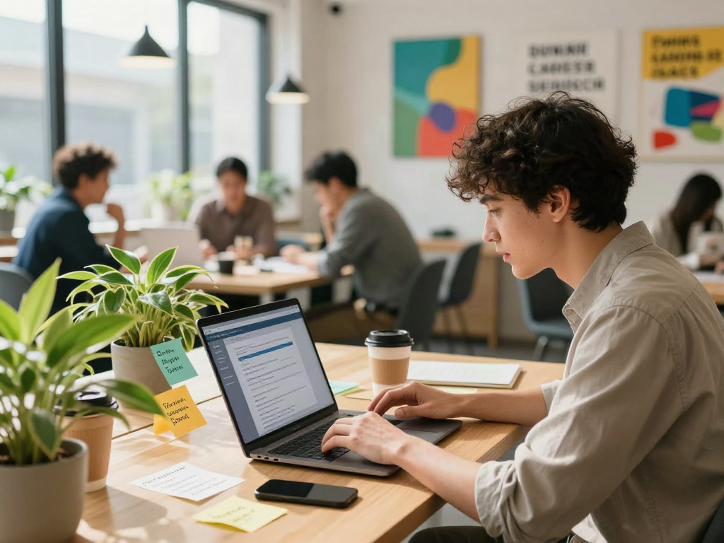 Job seeker exploring job opportunities while searching for หางาน in a bright co-working space.