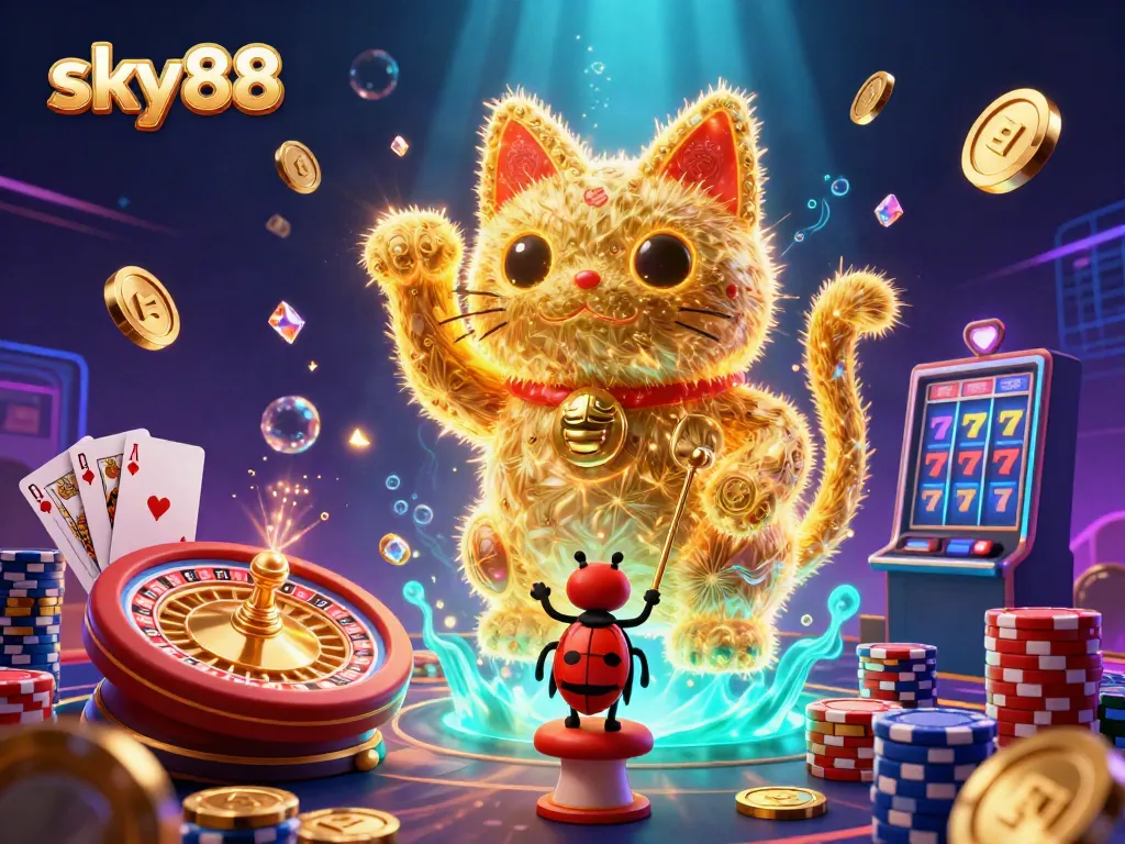 Experience the thrill of sky88 with dynamic casino elements and a magical lucky cat in 3D.