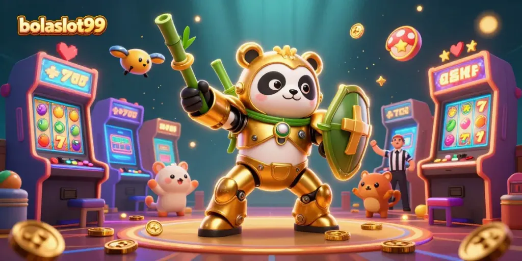 Bolaslot99 showcases a 3D mech-suit panda amidst vibrant slot game elements, creating excitement.