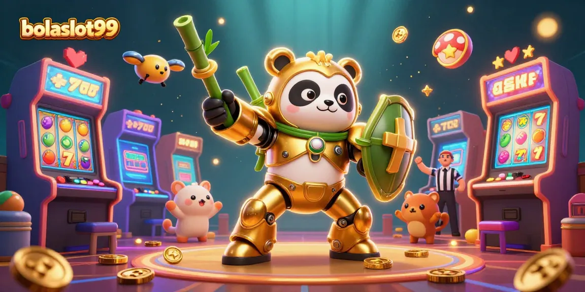 Bolaslot99 showcases a 3D mech-suit panda amidst vibrant slot game elements, creating excitement.