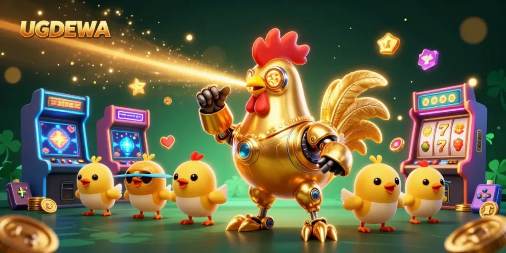 Engage with UGDEWA's retro-futuristic casino scene featuring a golden rooster robot and vibrant game elements.