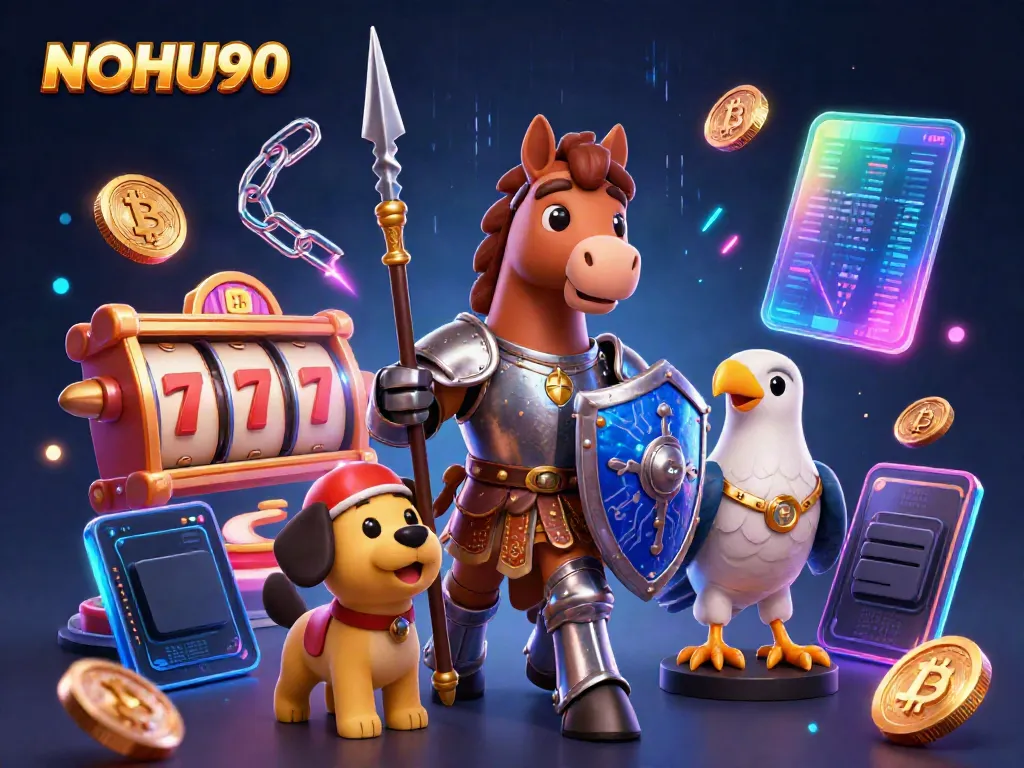 Engaging scene of NOHU90 casino game featuring knight, puppy, and falcon with jackpot symbols.