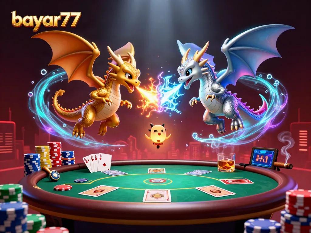 Engage with bayar77 in a thrilling poker game with dynamic dragons and vibrant casino elements.