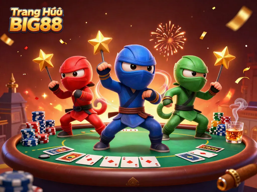 Experience the vibrant action at Trang Chủ BIG88 with our ninja chameleon team amidst a poker showdown.