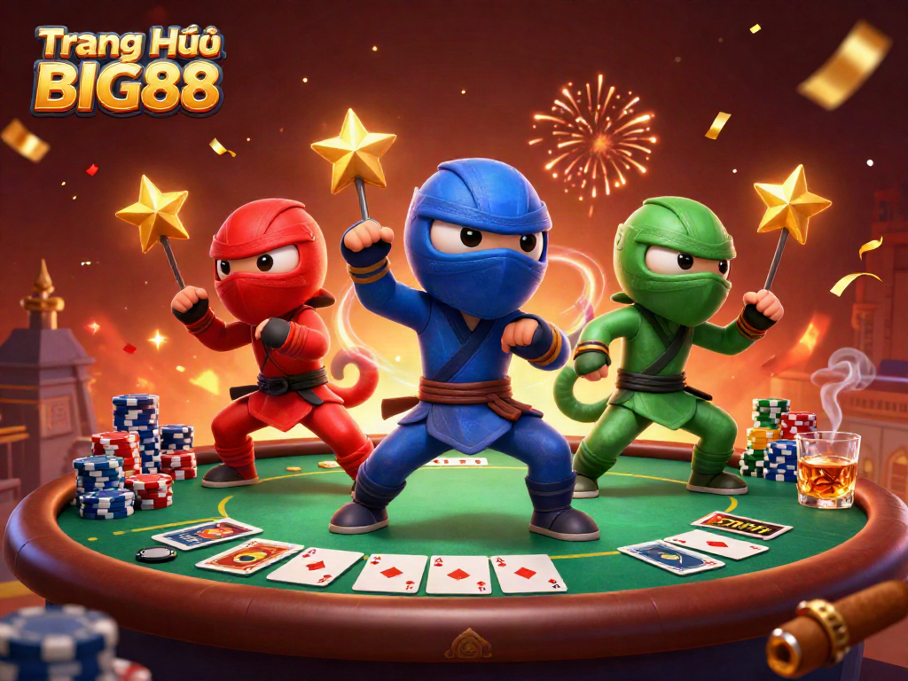 Experience the vibrant action at Trang Chủ BIG88 with our ninja chameleon team amidst a poker showdown.