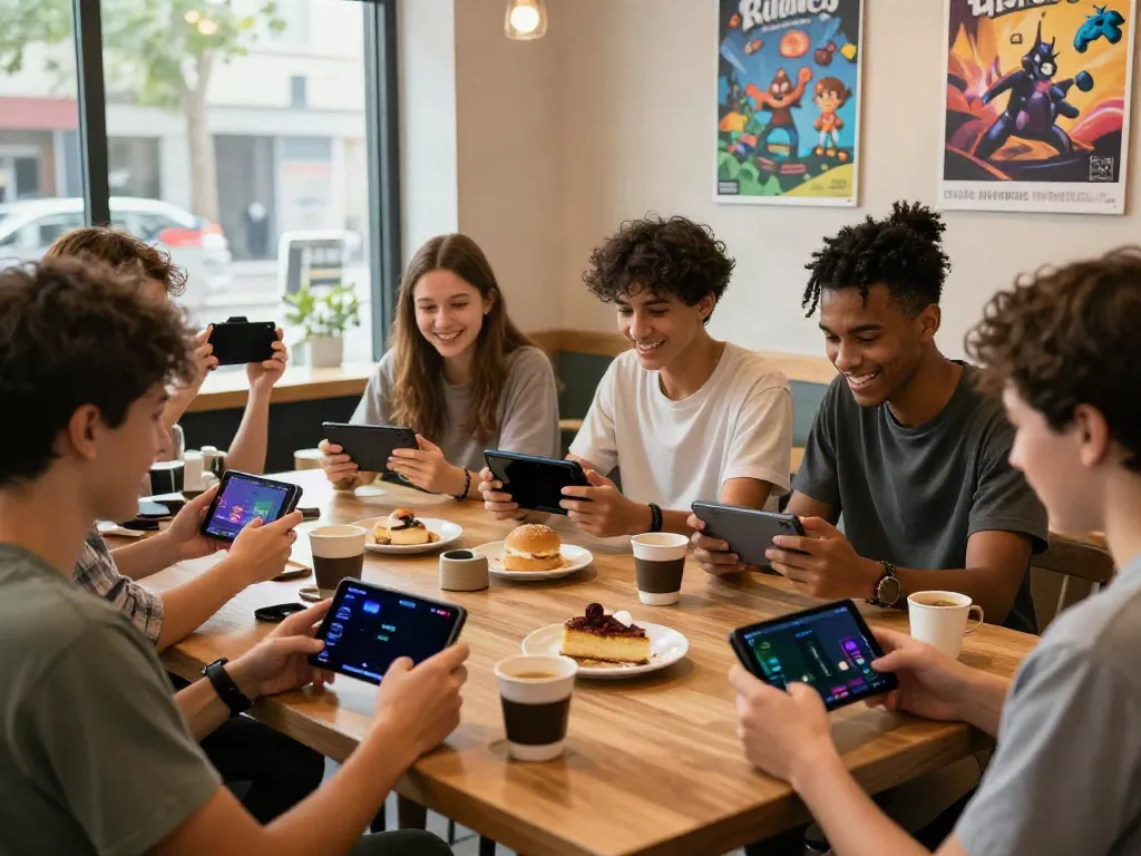 Group of friends enjoying yono games at a cafe with mobile devices