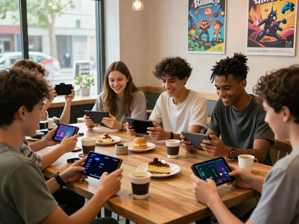 Group of friends enjoying yono games at a cafe with mobile devices