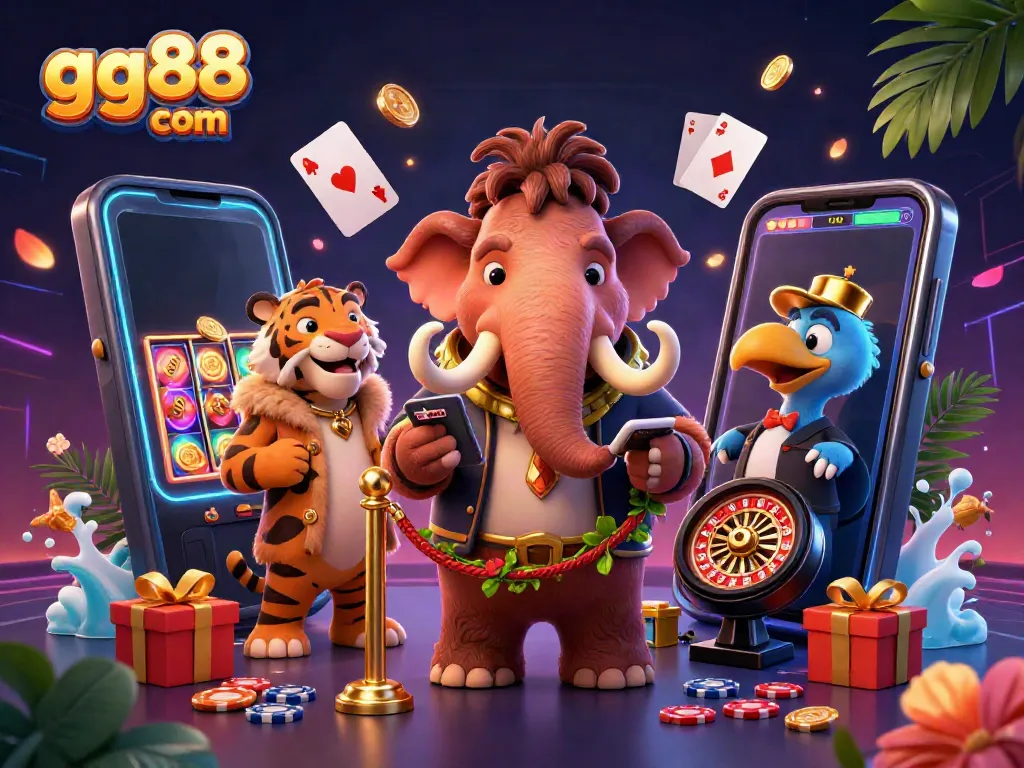 Experience excitement with gg88 com, featuring a woolly mammoth bouncer, saber-tooth tiger VIP, and dodo bird doorman in a vibrant casino setting.