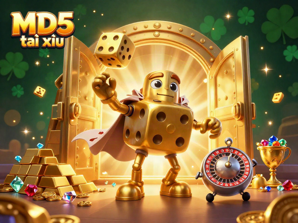 Experience thrilling MD5 tài xỉu gameplay with a golden dice golem in a vibrant casino scene filled with treasure.
