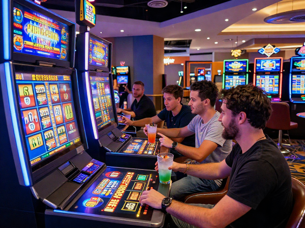 Group enjoying akunjp online gaming with vibrant slot machines and drinks.