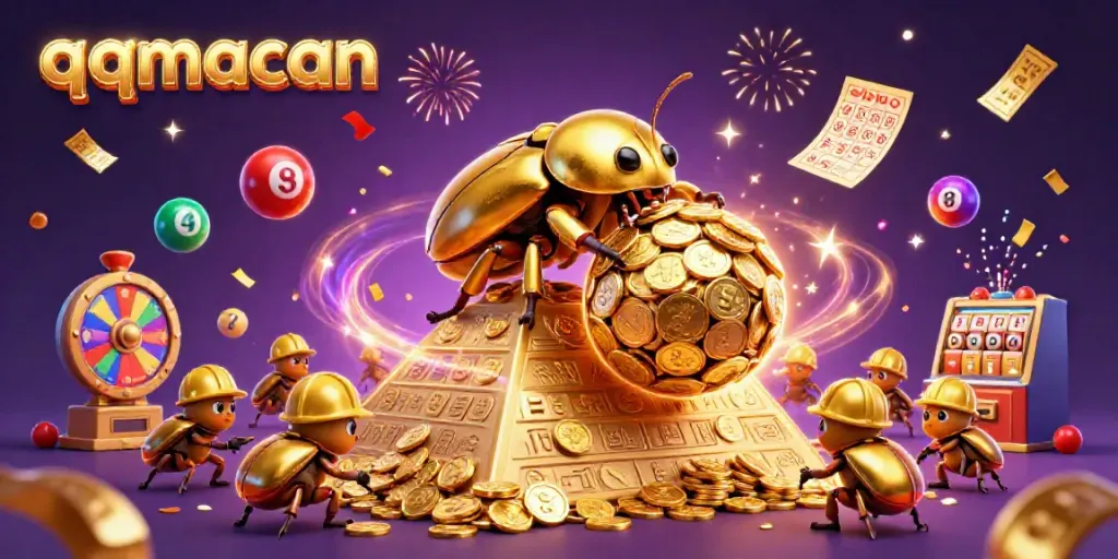 Experience the excitement of qqmacan with a vibrant 3D illustration of lucky beetles and casino symbols.