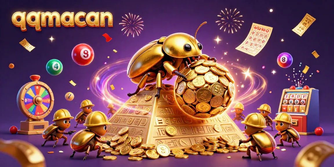 Experience the excitement of qqmacan with a vibrant 3D illustration of lucky beetles and casino symbols.