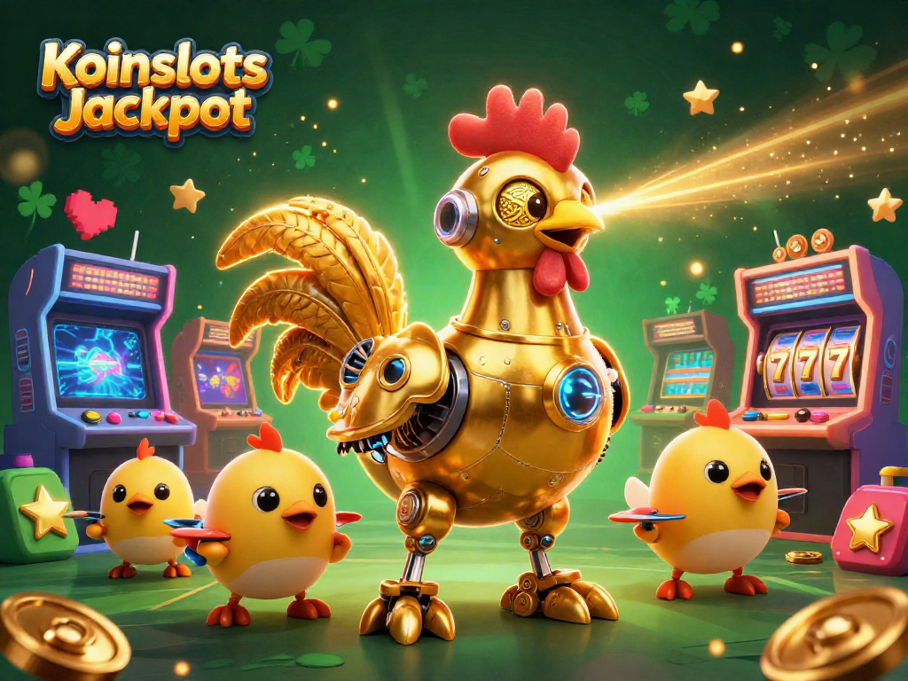 Engage in Koinslots Jackpot excitement with a dazzling 3D illustration of a golden rooster robot and colorful game elements.