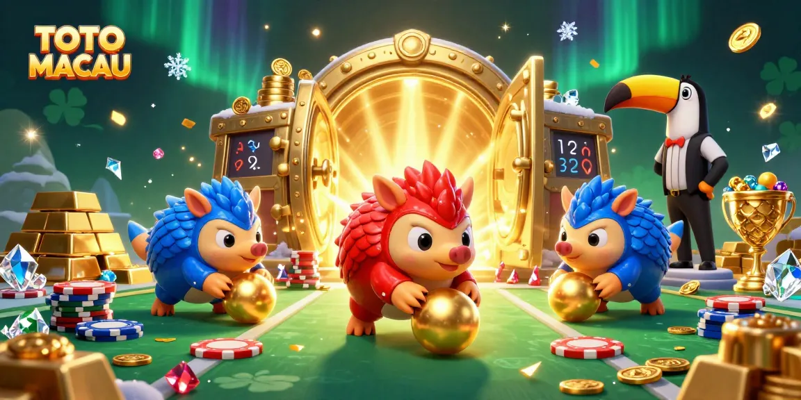 TOTO MACAU lottery pangolins roll golden balls in a vibrant casino illustration, showcasing dynamic gaming action.
