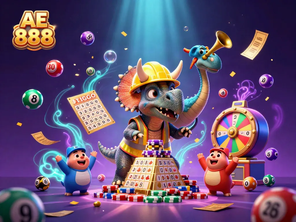 Join the fun at AE 888 as a cartoon triceratops celebrates winning with poker chips and colorful lottery balls.